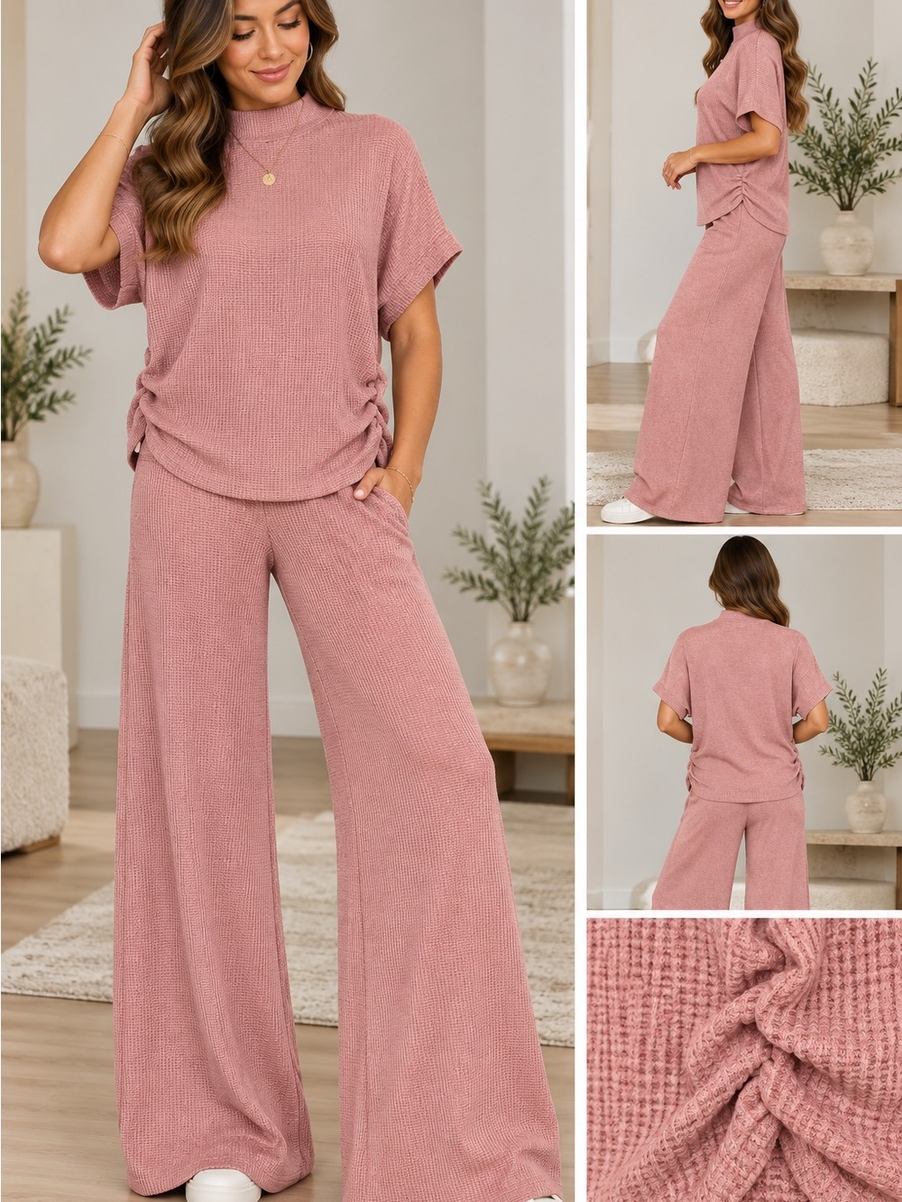 Zenana, Cozy Wide-Leg Knit Lounge Pants & Top Set - Dusty Rose
